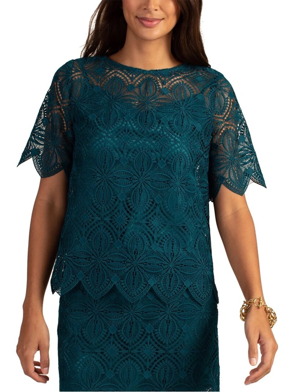 Trina Turk Khalida teal geometric lace overlay L